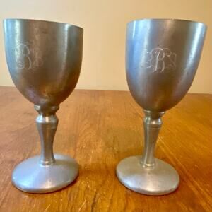 Vintage Eastern Pewter Goblet Chalice 6" Tall. initials engraved